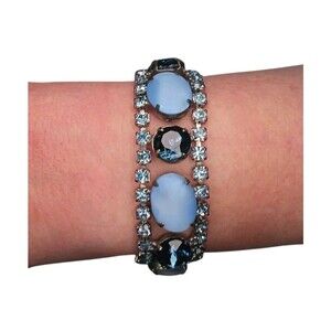 Vtg 50s Juliana? Faux Moonstone Cabochon & Blue Rhinestone Bracelet Silver Tone